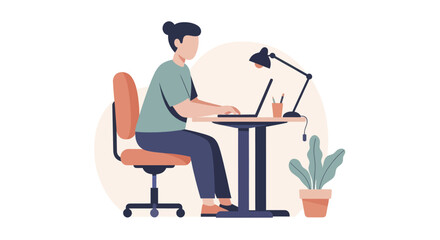 Fototapeta premium Woman working on laptop at desk with lamp and plant.