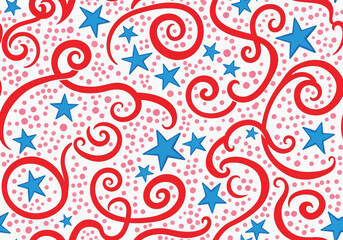 Fototapeta premium Red swirls and blue stars pattern on white with pink dots abstract decorative