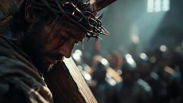 Jesus christ carrying wooden cross in suffering journey observed by roman soldier in armor