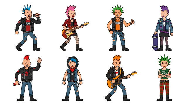 Diverse punk rock characters with mohawks, leather jackets, ripped jeans, and musical instruments, representing subculture and rebellion in art.