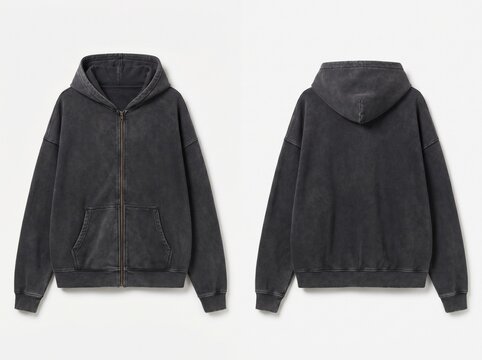 Front and Back View of a Charcoal Black Acid-Washed Zip-Up Hoodie Mockup Isolated on White Background