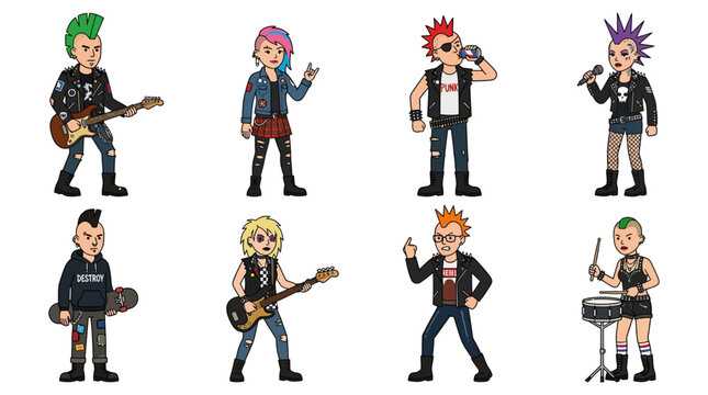 A vibrant group of diverse cartoon punk rock characters