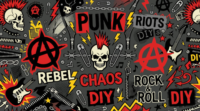 A dynamic and rebellious punk rock themed seamless pattern showcasing skulls, anarchy symbols, guitars, safety pins, and bold text.