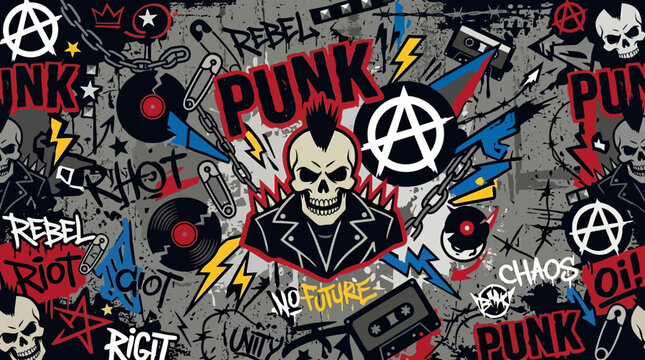Vibrant rebellious punk rock seamless pattern with skulls, anarchy symbols, vinyl records, and graffiti creating an edgy alternative background.