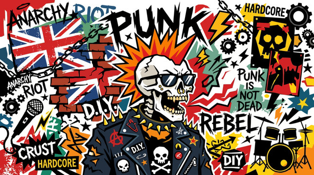 Punk skeleton with mohawk and sunglasses wearing a studded jacket symbolizing rebellion and anarchy, surrounded by bold graphics and text