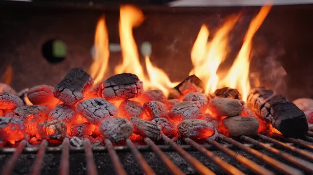 Close up of glowing hot charcoal briquettes on a grill with flames.