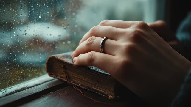 Woman's Hand Touching Old Book by Rainy Window, Cozy Atmosphere