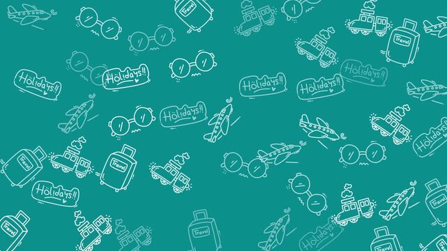 Video montage of doodle icon patterns on teal background.