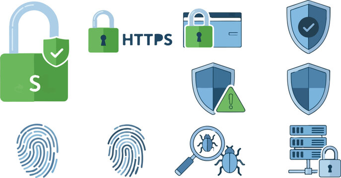 Cybersecurity icon set with padlocks and shields, digital data protection symbols, network security and privacy vector elements for web design