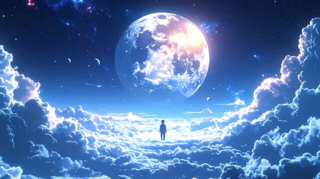 A lone figure stands among dreamlike clouds, beneath a celestial orb with stars