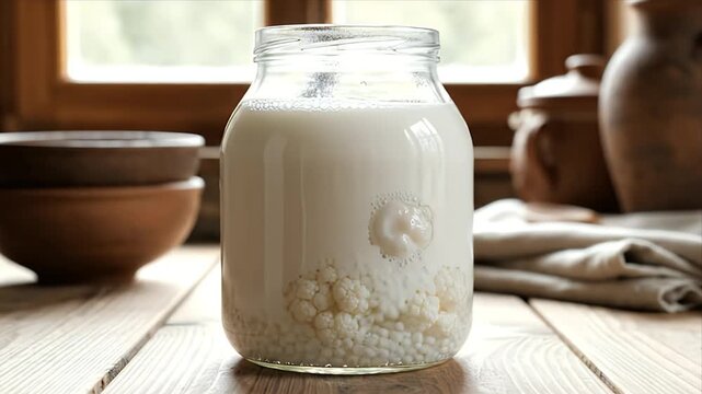 Kefir Grains Fermenting in Milk Filled Jar on Wooden Surface with Earth Tone Pottery