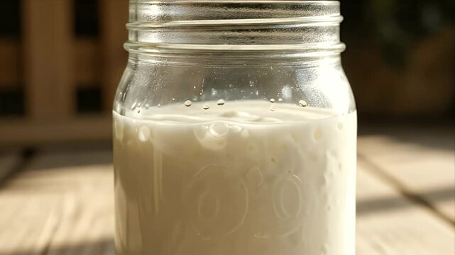 Kefir Production Process with White Liquid Poured into a Glass Jar on Wooden Table Background for Global Fermented