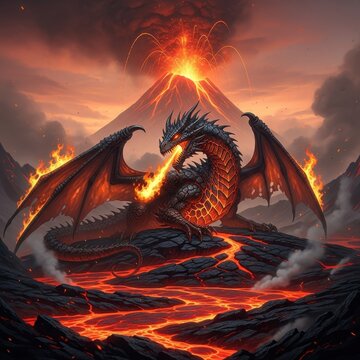 Majestic Dragon Soaring Over Fiery Volcanic Landscape.