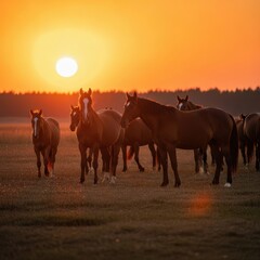 Fototapeta premium Majestic Horses Silhouetted Against a Vibrant Sunset Sky.