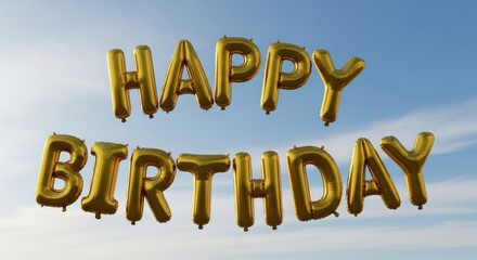 Fototapeta premium Golden Happy Birthday Balloons Floating in Sky.