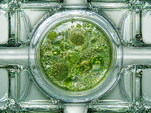 Symmetrical macro orthographic detailed micro algae bubble cell with deep focus