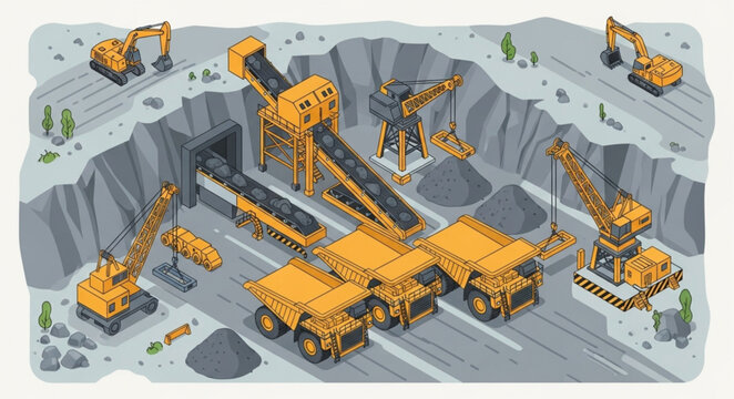 Heavy mining equipment excavating minerals from an open pit mine.