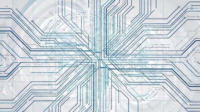 A clean, high-tech animation of interconnected circuit lines spreading across a light background, representing digital networks, microchip architecture, and modern data infrastructure in a minimalist 