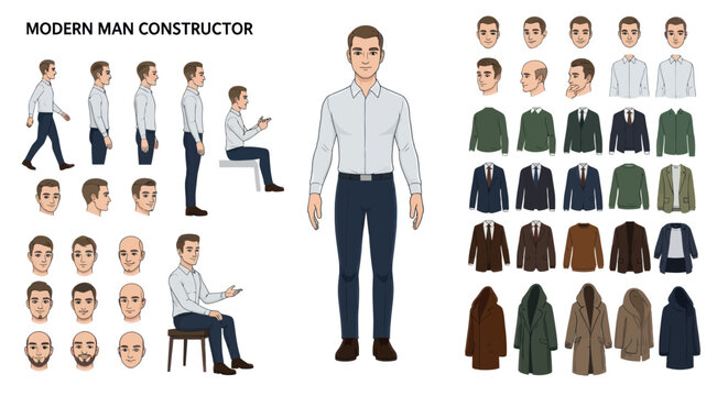 Modern man constructor with clothing items and different poses