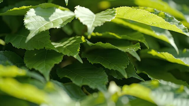 Lush Green Leaves with Detailed Veins and Sunlight Filter Texture in a Natural Outdoor Setting Close Up