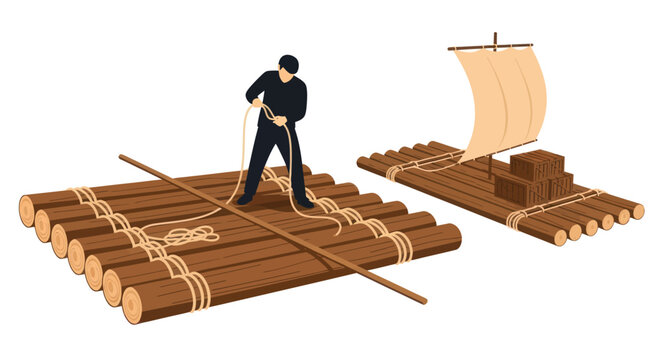 Man building a wooden log raft for transport on a white background