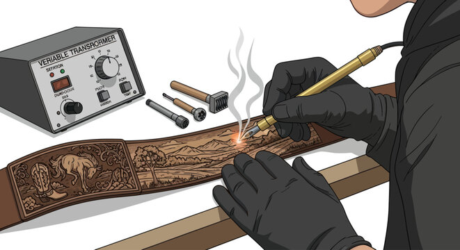 Hands creating intricate pyrography art on a leather belt with a woodburning tool.