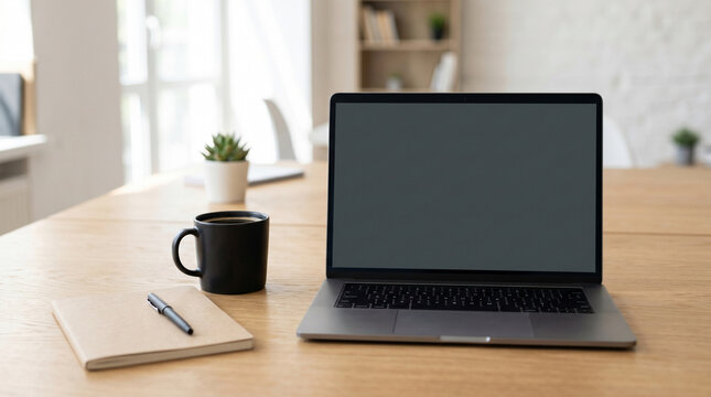 Laptop Mockup with Blank Screen on Desk Workspace, Coffee and Notebook