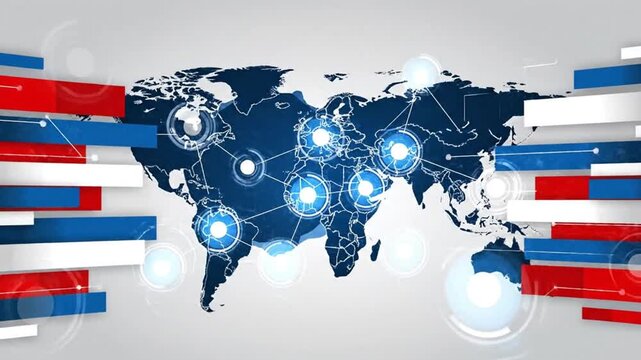 A modern global network animation featuring a world map with interconnected glowing nodes and lines, symbolizing international communication, data exchange,