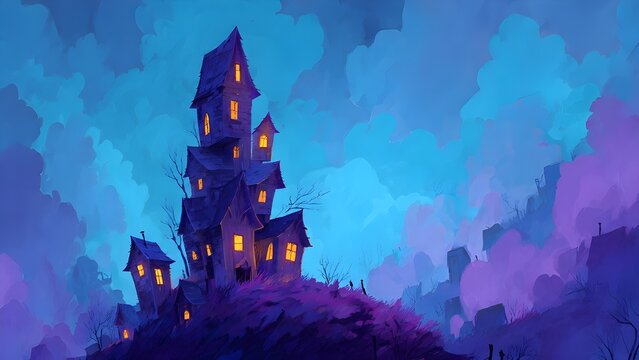 Spooky digital painting of a ramshackle haunted house on a dark hill under a blue and purple cloudy sky, with windows glowing yellow for a Halloween atmosphere.