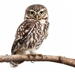 Fototapeta premium Wise Owl Perched on a Branch Isolated on White Background - Nocturnal Bird of Prey Portrait