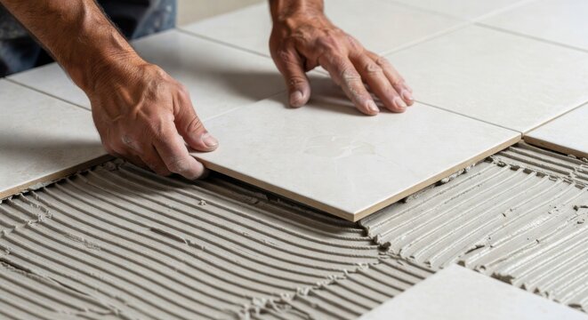 Close-up of a person's hands meticulously placing a ceramic tile onto a prepared adhesive bed during a flooring installation project.