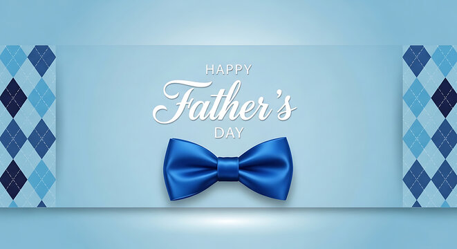 Blue satin bow tie on light blue background with argyle pattern for father's day silk