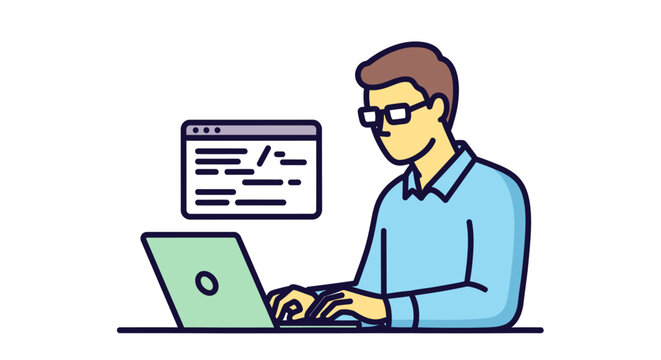 Male software developer coding on a laptop with program window illustration