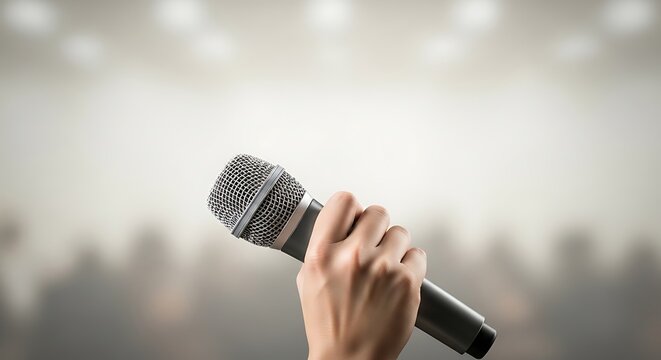 Hand Holding Microphone for Public Speaking or Performance on Blurred Background