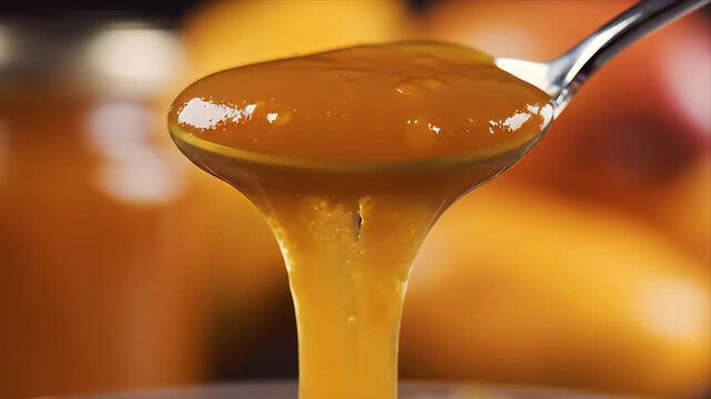 Mango Preserve Dripping from a Spoon in Close Up Shot. Glass Jars Filled with Homemade Mango Jam in Soft Focus