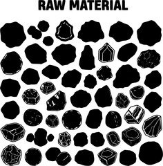 Fototapeta premium Diverse Raw Material Collection: Black Silhouettes and Outlined Vector Icons of Rocks, Stones, and Minerals