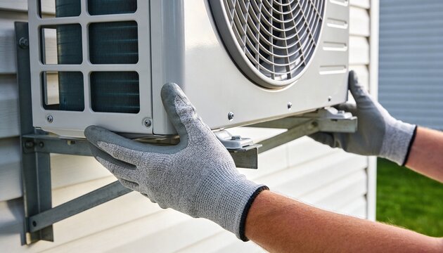 Gloved hands carefully positioning a white outdoor air conditioning condenser unit onto a metal wall bracket.