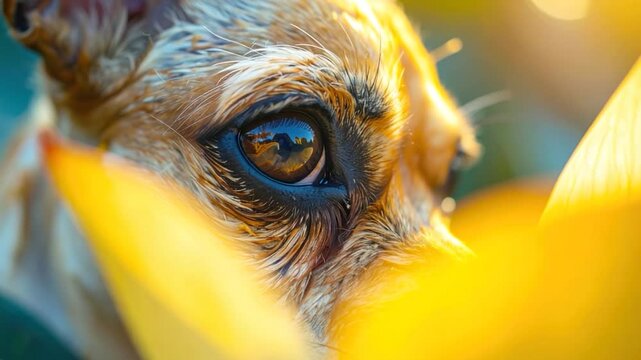 Close-up of a dog's eye, reflecting scenery, amidst yellow flora, sharp focus