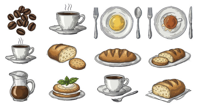 Delicious Breakfast Spread with Coffee, Tea, Eggs, and Freshly Baked Bread.