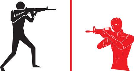 Obraz premium Armed shooter silhouettes with assault rifles in combat stance vector illustration isolated on white background