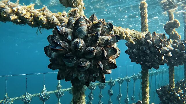 Mussel Farming Underwater on Ropes and Netting Structure in Blue Water Marine Aquaculture Industry and Seafood