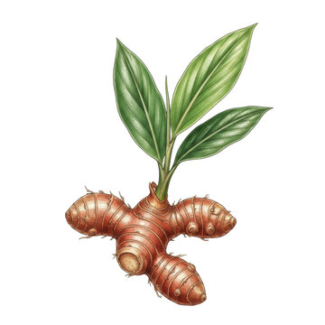 Fresh galangal root, knobby rhizomatous structure, reddish rings, and subtle root hairs, vibrant lance-shaped green leaves on a solid white background, scientific botanical study