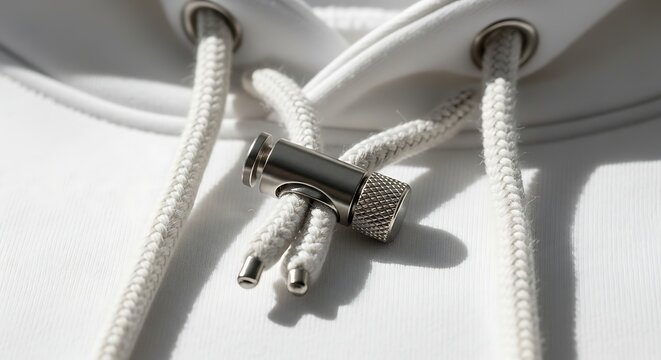 Macro shot of a high-quality white hoodie drawstring featuring a silver metal cord lock stopper and grommet details on premium fabric