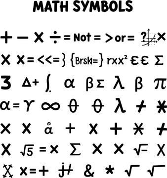 Black Hand-drawn Mathematical Symbols Collection: Arithmetic, Greek Letters, Logic Operators, and Science Elements for Education and Design