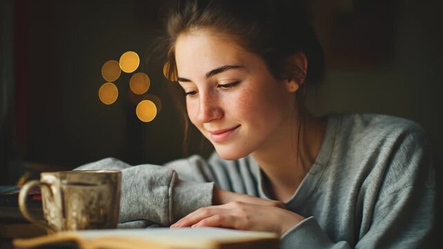 Young Woman With Freckles Smiling Gently While Resting Head on Arm Next to Coffee Cup and Book