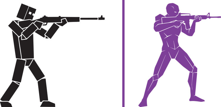 Silhouettes of blocky and humanoid soldiers aiming rifles isolated on white background vector illustration