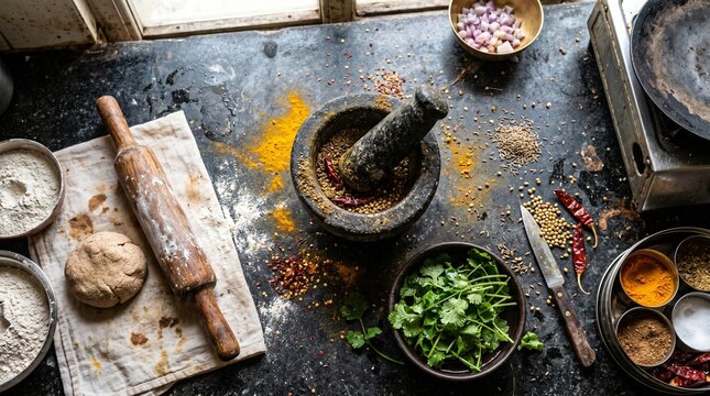 Indian spice blending, kitchen prep, culinary herbs, mortar and pestle