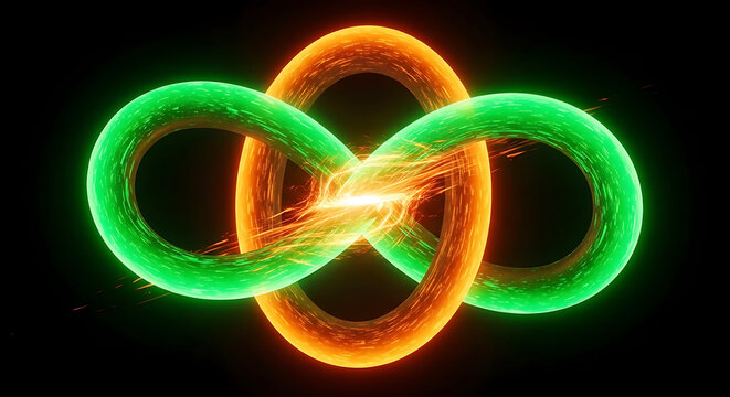 Intertwined glowing infinity symbol with orange and green energy sparks loop endless eternal