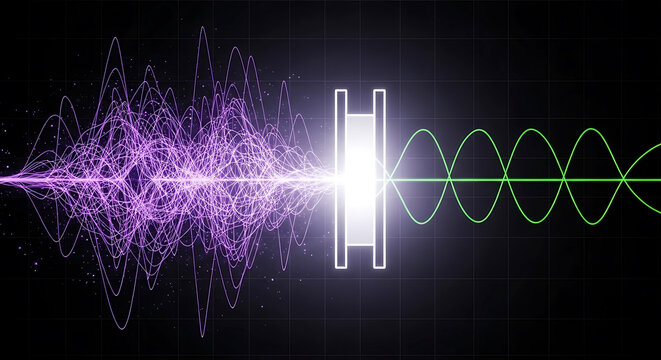 Purple sound waves transform into green sine waves passing through a white device