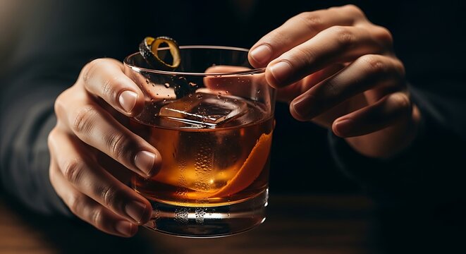 Man's hands holding an Old Fashioned cocktail with orange peel and ice cube